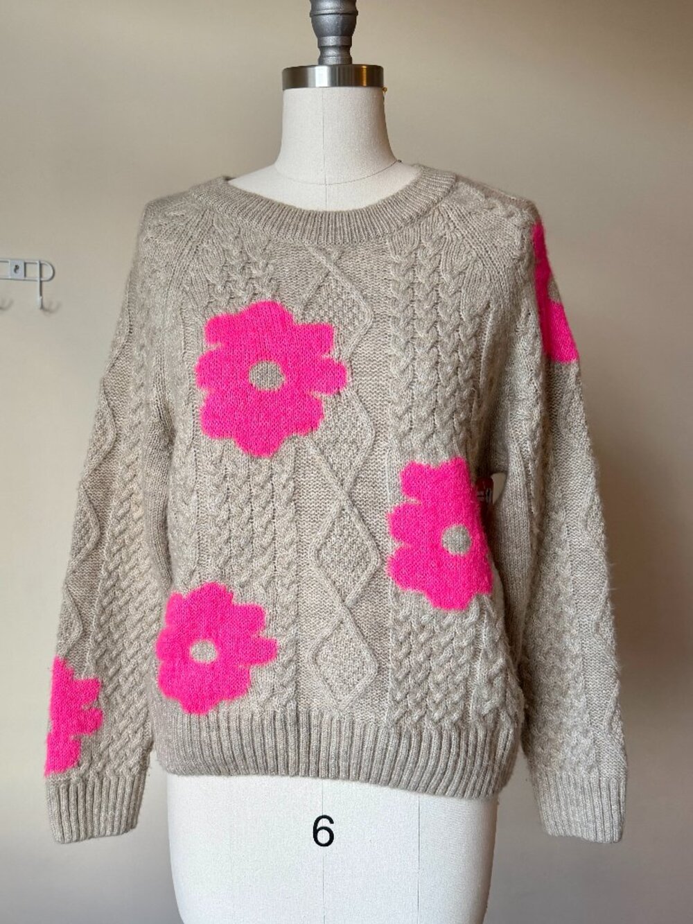 Maeve Anthropologie Floral Cable Knit Sweater | Pink Flower Pullover | M